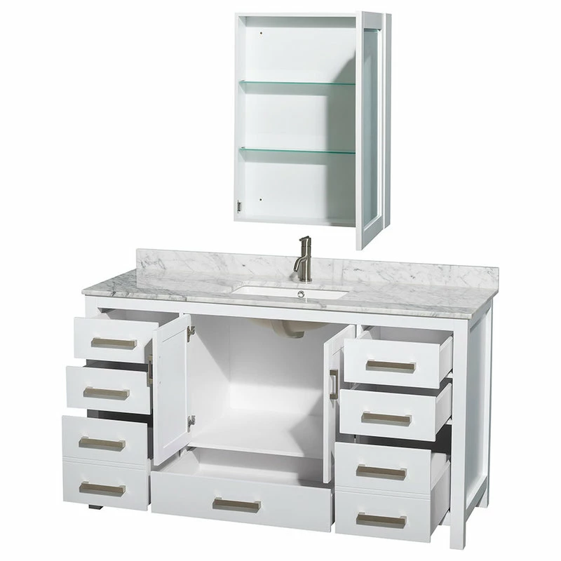 Buy 😉 Wyndham Collection 60" Single Vanity,White,White Carrara Marble Top,Sink,Medicine Cabinet ❤️ - Image 2