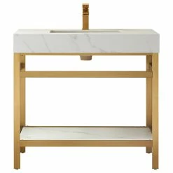 Cheapest 😉 Vinnova Funes Bath Vanity, Metal Support, Sintered Stone Top, Brushed Gold, 36'', White 😀