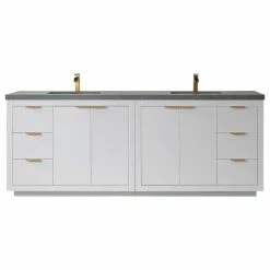 Cheapest 😍 Vinnova Leiza Bath Vanity With Stone Top, White, 84", Grey Top, No Mirror 👍