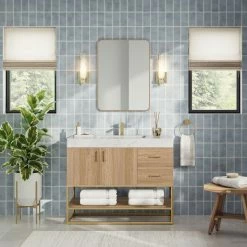 Cheap 💯 MOD Bahia Bath Vanity, Oak, 42", Brushed Gold Hardware, Single, Freestanding 🔔