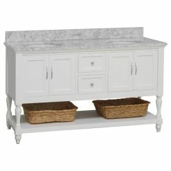 Discount 🧨 Kitchen Bath Collection Beverly 60" Bath Vanity, White, Carrara Marble, Double Vanity ✔️