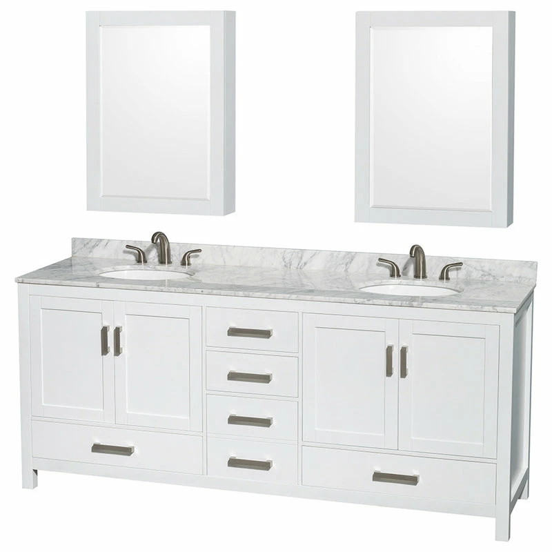 Deals ✔️ Wyndham Collection 80" Double Vanity,White,White Carrara Marble Top,Oval Sinks,Medicine Cabinets 💯