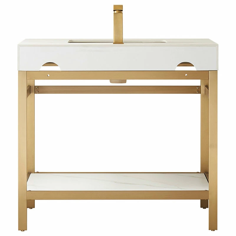 Cheapest ๐ Vinnova Funes Bath Vanity, Metal Support, Sintered Stone Top, Brushed Gold, 36'', White ๐ - Image 8