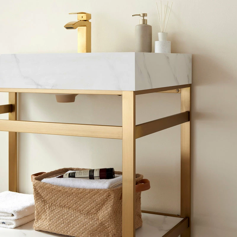 Cheapest ๐ Vinnova Funes Bath Vanity, Metal Support, Sintered Stone Top, Brushed Gold, 36'', White ๐ - Image 6