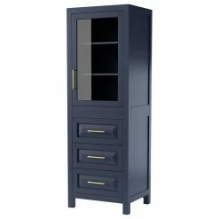 Best Pirce ❤️ Wyndham Collection Daria Linen Tower In Dark Blue With Brushed Gold Trim & Shelved Cabinet Storage 🧨