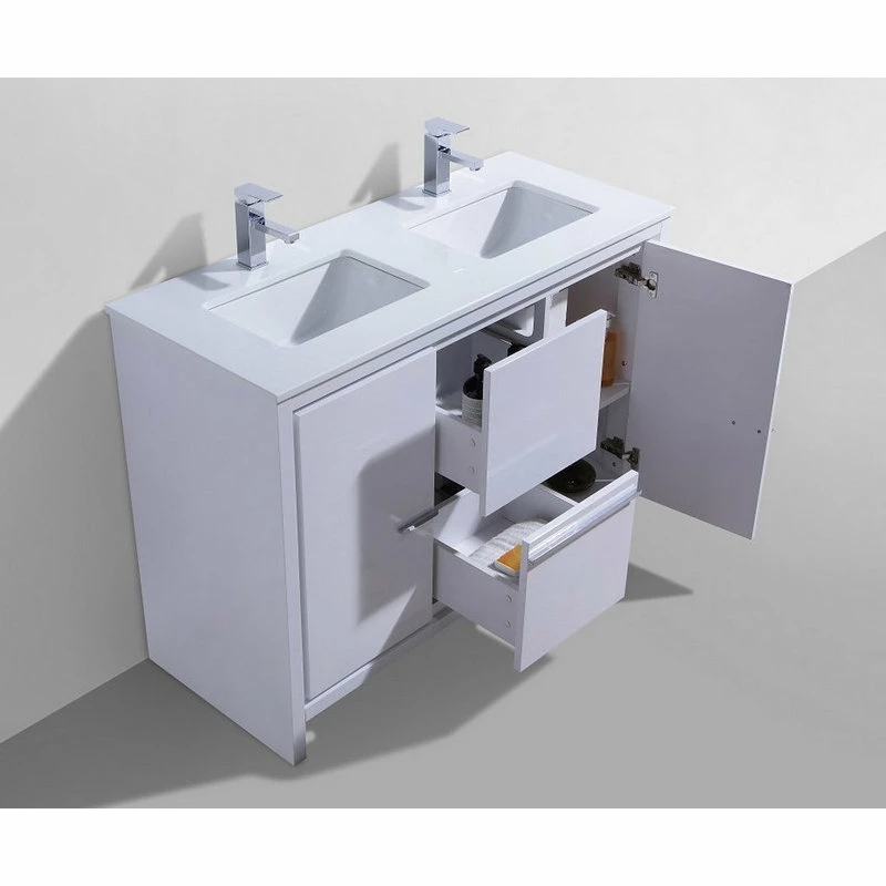 Best deal ๐ KUBEBATH Dolce 48" Double Sink Vanity, White Quartz Countertop, Nature Wood, High Gloss W โ๏ธ - Image 4