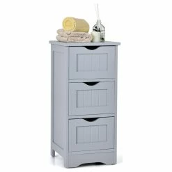 Coupon 🧨 Costway Bathroom Floor Cabinet Freestanding Storage Organizer W/ 3 Drawers Grey 😍