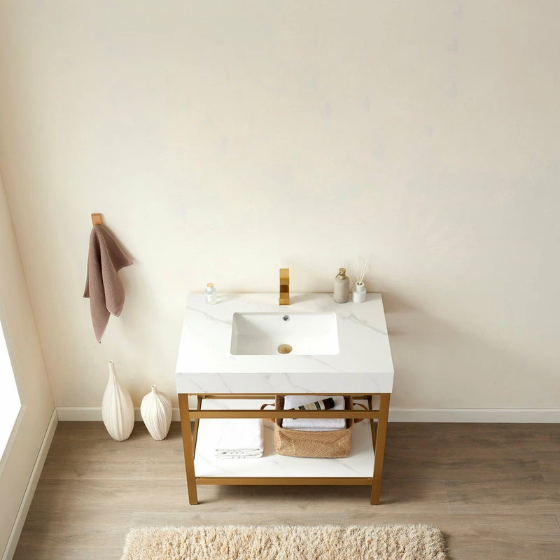 Cheapest ๐ Vinnova Funes Bath Vanity, Metal Support, Sintered Stone Top, Brushed Gold, 36'', White ๐ - Image 4